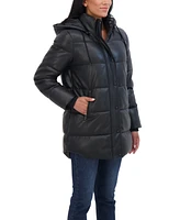 Sebby Collection Women's Faux Leather 3/4 Puffer Jacket With Hood