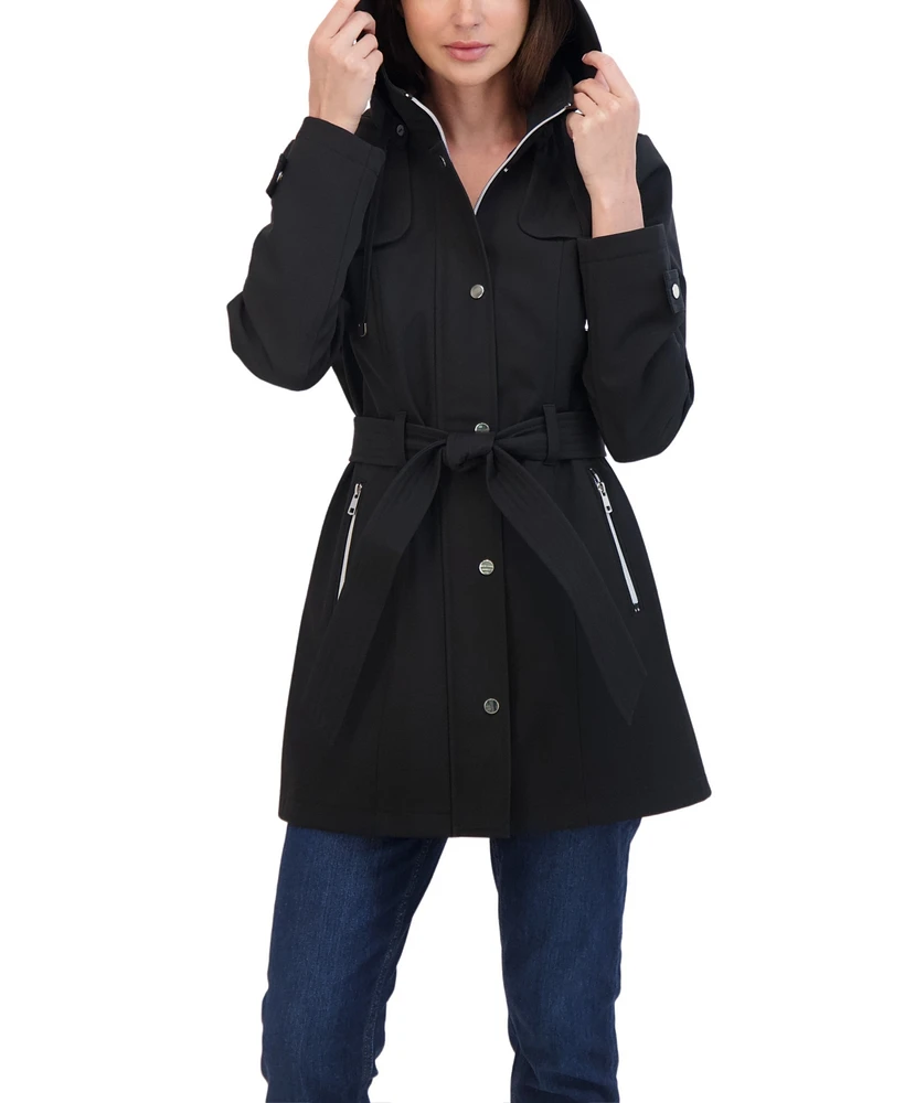 Sebby Collection Women's Belted Zip Front Soft Shell Trench Coat With Detachable Hood