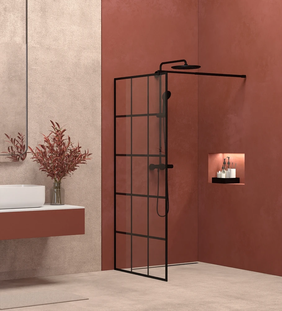 Streamdale Furniture Framed Glass Shower Screen: Silk-Printed Tempered Glass, Black Aluminum, Support Bar