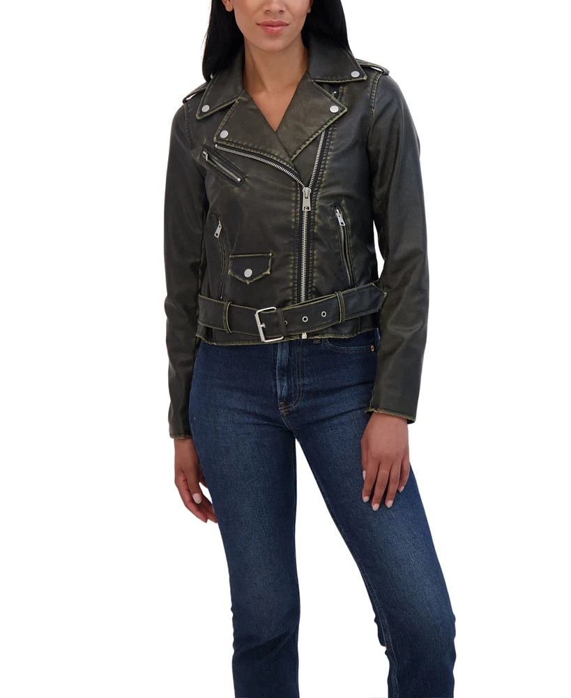 Sebby Collection Women's Distressed Faux Leather Biker Jacket With Attached Belt