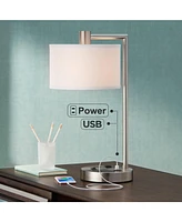 Colby Modern Desk Table Lamp with Hotel Style Usb and Ac Power Outlet in Base 21" High Brushed Nickel White Linen Drum Shade for Living Room Bedroom H