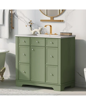 Simplie Fun 36" Green Bathroom Vanity with Sink, 4 Drawers, Cabinet, Solid Wood & Mdf