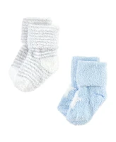 Hudson Baby Boys Cozy Chenille Newborn and Terry Socks, Blue Star, 6-12 Months