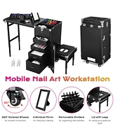 Byootique Rolling Makeup Train Case Patented Design Pedicure Nail Salon Nail Foldable Trolley Cosmetic Organizer Black with Stool