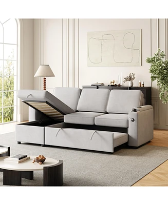 Streamdale Furniture 85.8" Convertible Sofa Bed with Storage, Charging Ports & Pull-Out Bed