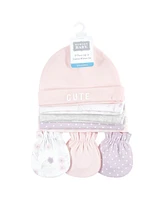 Hudson Baby Baby Girls Hudson Cotton Cap and Scratch Mitten Set, Lavender Floral, 0-6 Months