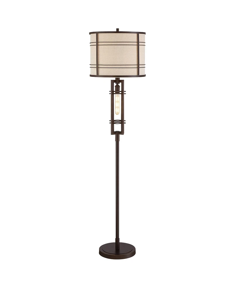 Franklin Iron Works Elias Industrial Rustic Farmhouse Floor Lamp Standing 651/2" Tall Oil Rubbed Bronze with Led Nightlight Off White Oatmeal Fabric D