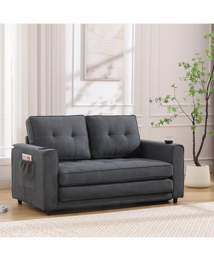 3-in-1 Tufted Futon Sofa Bed with Storage and Cup Holders