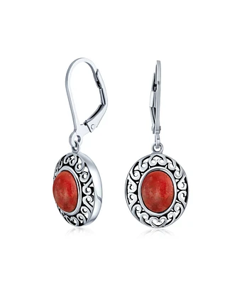 Bling Jewelry 3Ct Red Natural Coral Dome Oval Western Style Bezel Set Lever Back Dangle Earrings For Women Sterling Silver