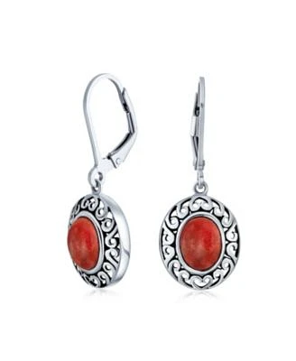 Bling Jewelry 3ct Red Natural Coral Dome Oval Western Style Bezel Set Lever Back Dangle Earrings For Women Sterling Silver