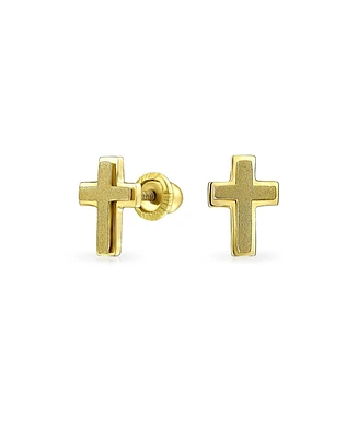 Bling Jewelry Tiny Minimalist Religious Christian Cross Stud Earrings For Women 14K Yellow Gold Matte Brush Finish Safety Clutch Screw back