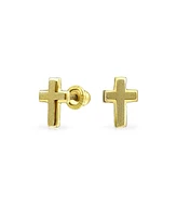 Bling Jewelry Tiny Minimalist Religious Christian Cross Stud Earrings For Women 14K Yellow Gold Matte Brush Finish Safety Clutch Screw back - Gold