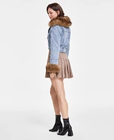 Avec Les Filles Women's Faux Fur Trim Denim Moto Jacket