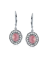 Bling Jewelry 3Ct Pink Natural Rhodochrosite Dome Oval Western Style Bezel Set Lever Back Dangle Earrings For Women Sterling Silver