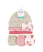 Hudson Baby Baby Girls Hudson Cotton Cap and Scratch Mitten Set, Blush Rose Leopard, 0-6 Months