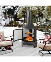 Slickblue 30 Inch Outdoor Fire Pit Chininea with Grill for Garden Backyard Bbq Bonfire Deck and Patio