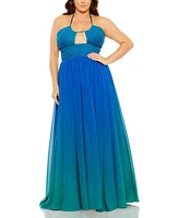 Mac Duggal Women's Plus Size Halter Ruched Ombre Gown