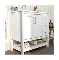 Merrick Lane Vigo Bathroom Vanity With Ceramic Sink, Carrara Marble Finish Countertop, Storage Cabinet Soft Close Doors, Open Shelf And 3 Drawers