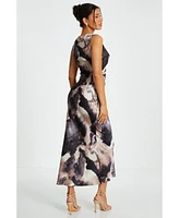 Quiz Women's Marble Satin Sleeveless Ruched Waist Maxi Dress