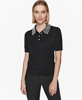 Karl Lagerfeld Paris Women's Embellished Knit Polo Top