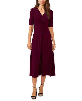 Msk Women's V-Neck Twist-Front Elbow-Sleeve Midi Dress