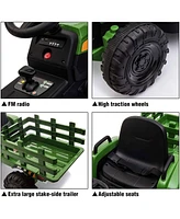 Tobbi 12 Volt Battery Operated Toy Tractor with Pull Behind Trailer, Dark Green