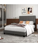 Sugift Queen Size Upholstered Bed Frame with Vertical Channel Tufted Headboard-Gray