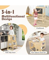 Slickblue 3-in-1 Foldable Kitchen Standing Tower for Toddlers with Chalkboard-Natural