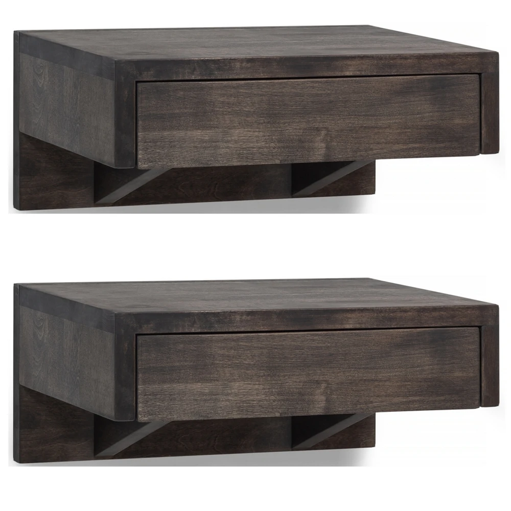 Woodek Black Floating Nightstand Set of 2 - Solid Hardwood Modern Wall-Mounted Bedside Tables