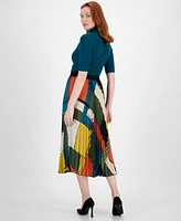 T Tahari Womens Turtleneck Printed Pleated Midi Skirt