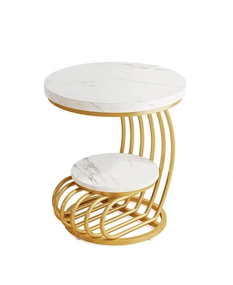 Tribesigns Round End Side Table: Table with 2 Tiers Storage Shelves, Vintage for Living Room, Small Bedside Accent Arc