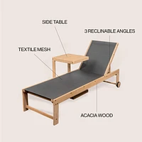 Jonathan Y Trabuco Coastal Modern Acacia Wood Mesh 3-Position Outdoor Chaise Lounge Set with Side Table, Dark Gray/Teak Brown