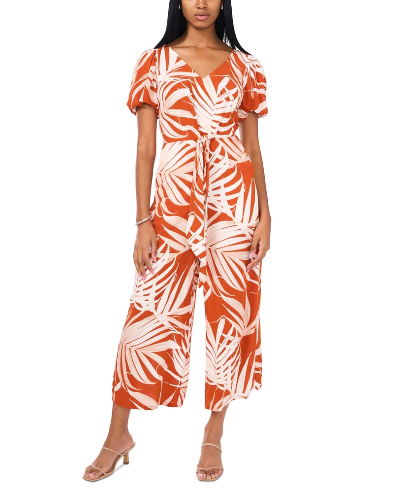 Msk Petite Printed Puff-Sleeve Wide-Leg Jumpsuit