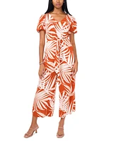 Msk Petite Printed Puff-Sleeve Wide-Leg Jumpsuit