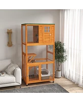 PawHut 74" Wooden Outdoor Cat House Catio Outdoor Cat Enclosure, Orange