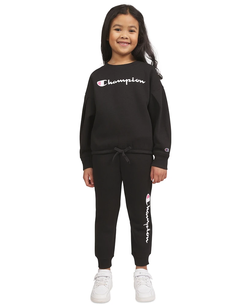 Champion Little Girls Fleece Crewneck Sweatshirt & Jogger Pants, 2 Piece Set