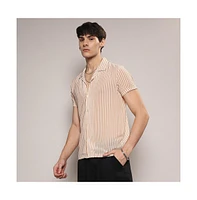 Campus Sutra Men's White & Brown Unbalanced Striped Shirt