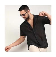 Campus Sutra Men's Midnight Black Floral Embroidered Shirt