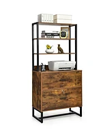 Sugift Letter Size Lateral File Cabinet with Lock and Bookshelf-Rustic