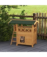 PawHut Outdoor Cat House, Wooden Kitten Condo, Natural