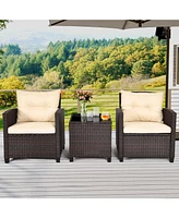 Givimo 3 Pieces Patio Rattan Furniture Set with Washable Cushions and Tempered Glass Tabletop