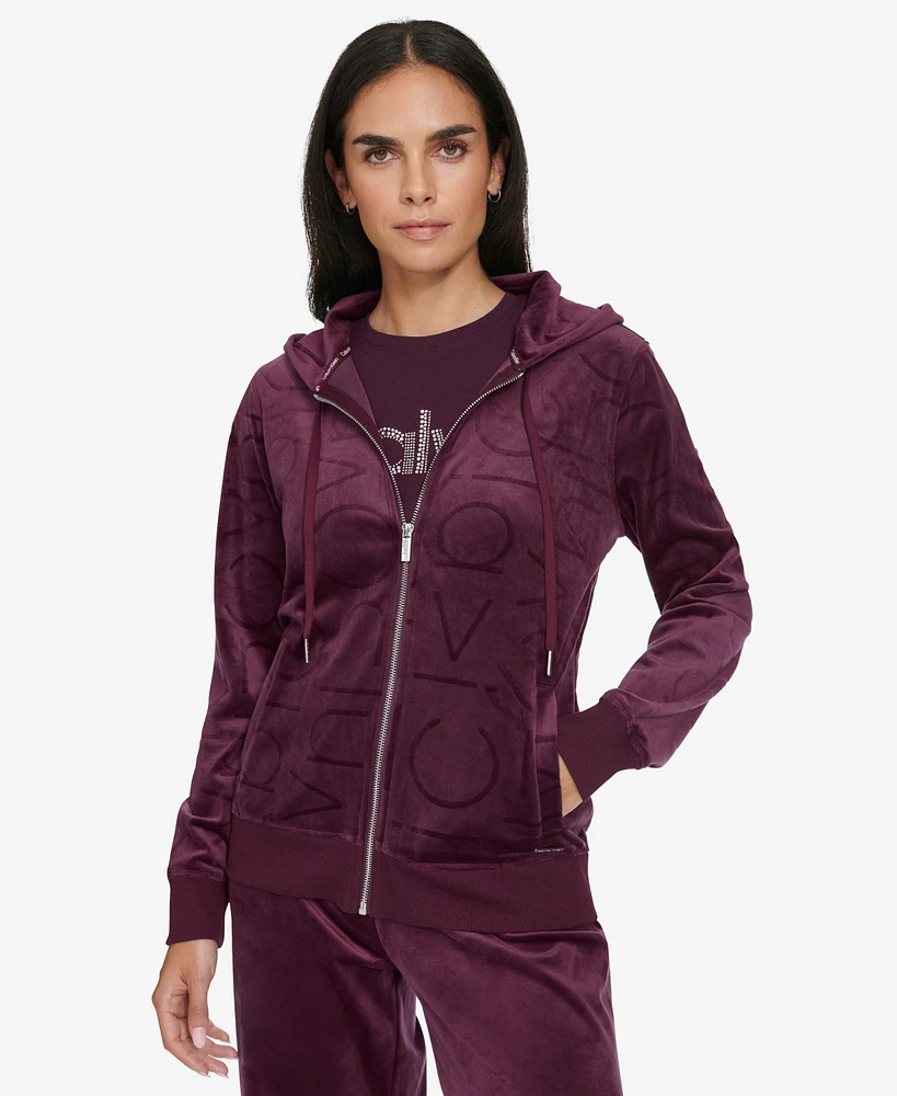 Calvin Klein Women's Tonal Logo Velour Zip-Front Hoodie