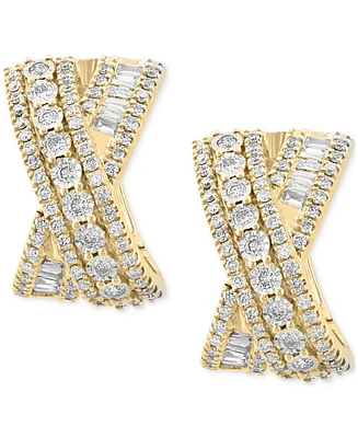 Effy Diamond Round & Baguette Crossover Huggie Hoop Earrings (7/8 ct. t.w.) in 14k Two-Tone Gold