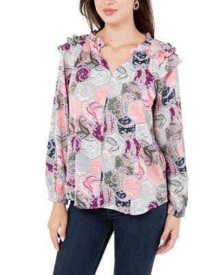 Fever Women's Print Satin Like Top with Ruffle Shoulder Detail