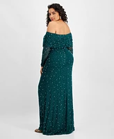 B Darlin Trendy Plus Off-The-Shoulder Pearl Gown