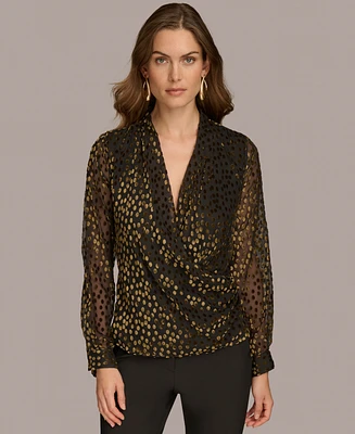 Donna Karan New York Women's Long-Sleeve Burnout Velvet Faux-Wrap Top