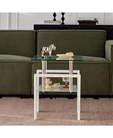 Tempered Glass End Table, 2-Tier Storage, Living Room Side Table