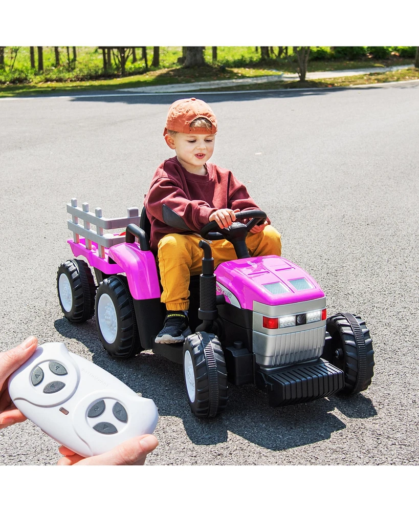 Simplie Fun Pink 12V Kids' Electric Tractor with Trailer, Remote Control, Dual Motor, Led Lights