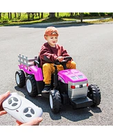 Streamdale Furniture Pink 12V Kids' Electric Tractor with Trailer, Remote Control, Dual Motor, Led Lights