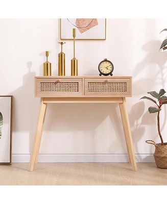 Simplie Fun Rattan Drawer Side Table with Solid Wood Legs